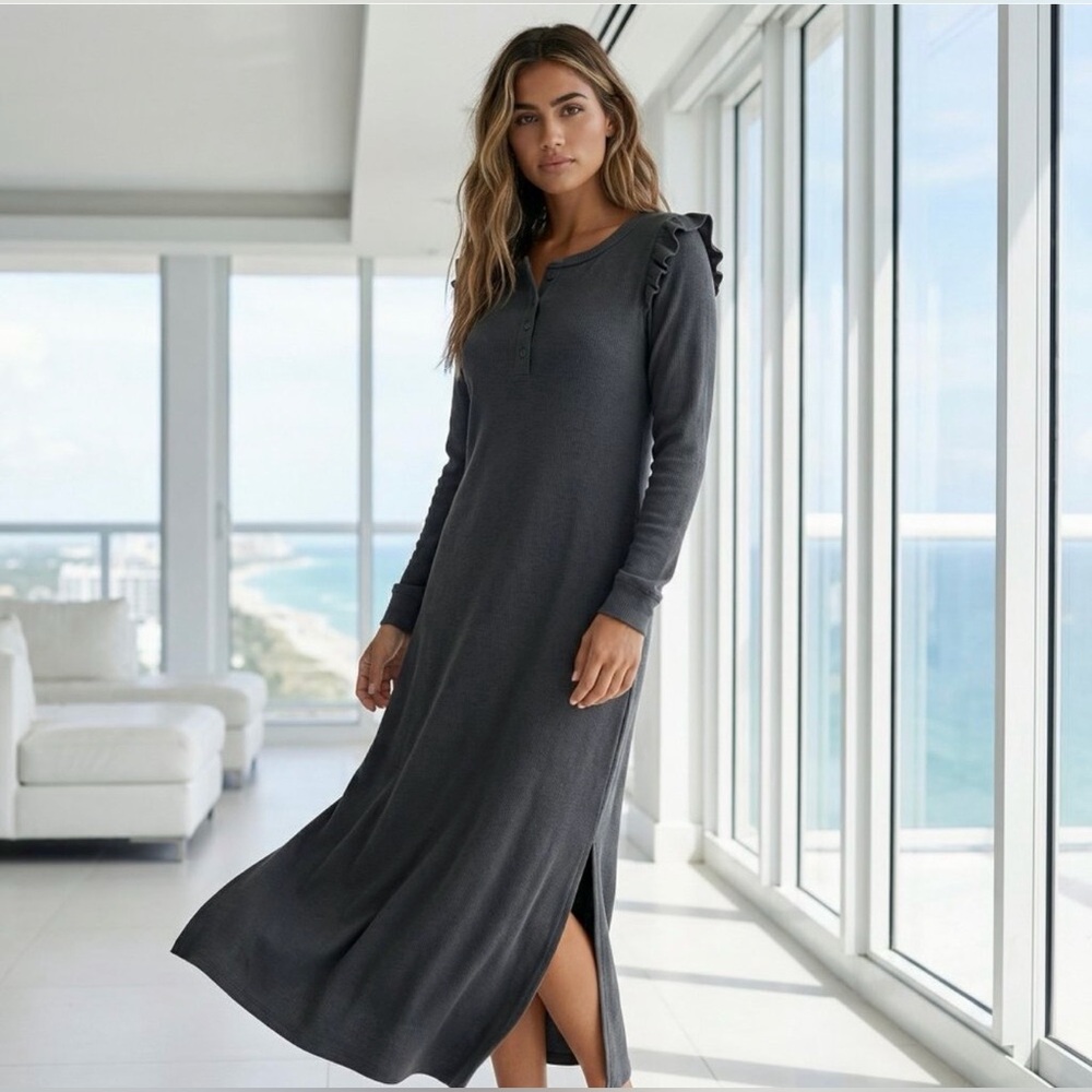 REVOLVE Z Supply NWT Ruffle Henley Maxi Dress Charcoal Gray, Long Sleeve, Small.
